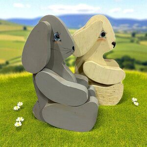 Lot 2 Vintage Wooden Bunnies Poseable Shelf Sitters Decor Easter Spring Kitschy